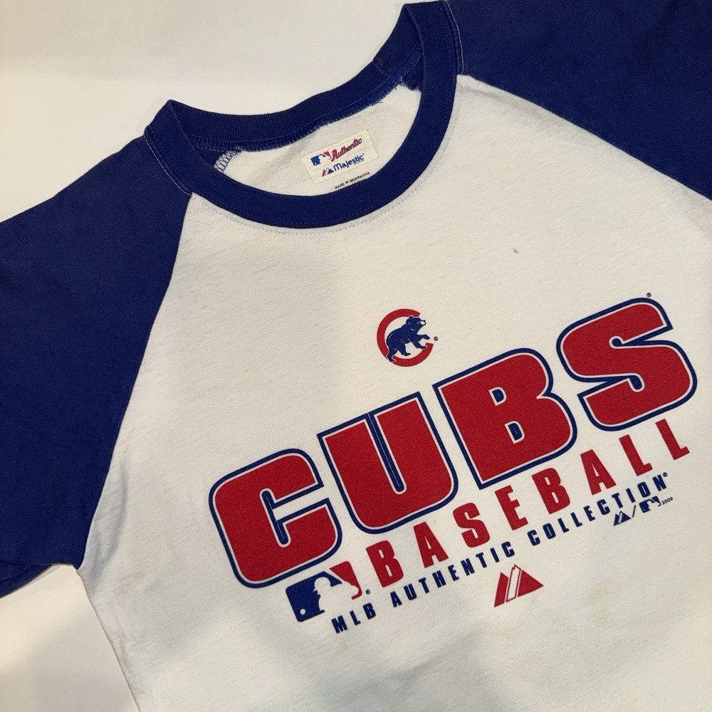 Vintage 2009 Majestic Chicago Cubs MLB Raglan T-Shirt Blue White Medium